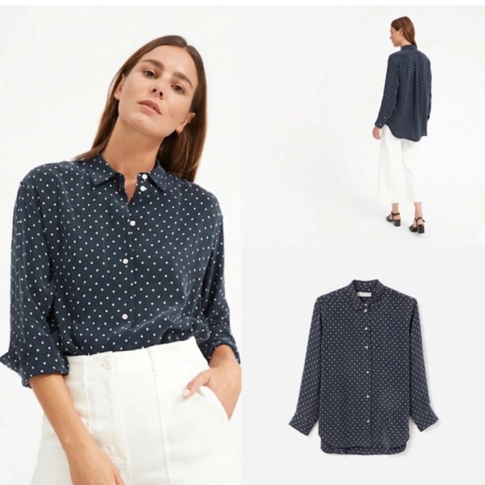 Everlane Curpo Oversized Polka Dot Button Down Shirt Blouse Sz 6 Navy Blue White